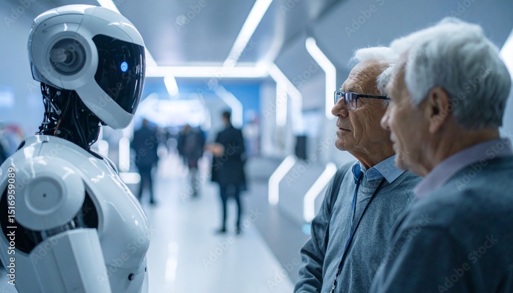 Poster two senior citizens engage in a conversation with a robot in a futuristic setting, exploring the dyn