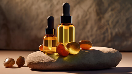 Two bottles of liquid oil on a rock with glass bottle stoppers