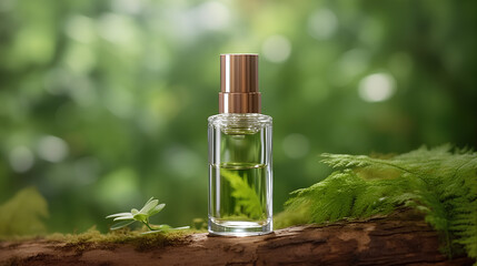 Glass bottle of perfume resting on log among grass in woods