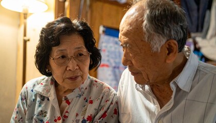 An elderly couple in intimate conversation. Captured with soft lighting and authentic emotion, depicting a tender moment of connection between an aged pair.