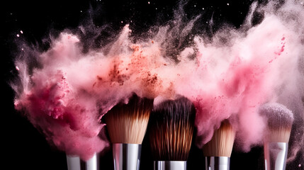 A soft brush with colored powder on a black background with the ability to copy. The concept of beauty and makeup
