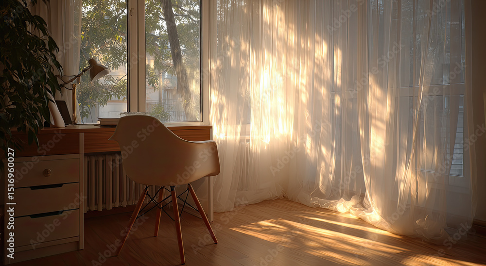Poster sunlight streaming through sheer curtains in a home office, representing serenity and work from home