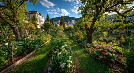 Obraz premium Lush Community Garden in European Town, Representing Sustainable Living and Urban Farming Initiatives, Featuring Greenery, Flowers, and a Path Leading to Buildings