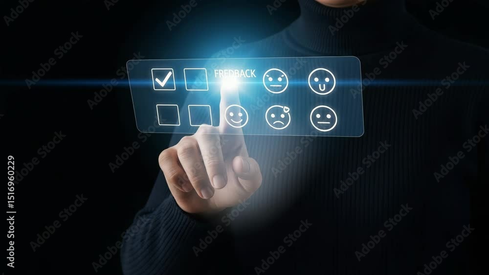 Aufkleber person selecting feedback option on digital interface with checkmark and emoticon choices