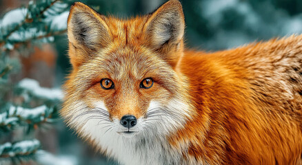 Fototapeta premium Close-Up Portrait of a Red Fox in a Snowy Forest, Symbolizing Wildlife Conservation and the Beauty of Nature Photography