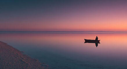 Silhouette of Person in Boat on Calm Water at Sunset, Evoking Serenity and Spiritual Reflection for Mental Wellness Campaigns