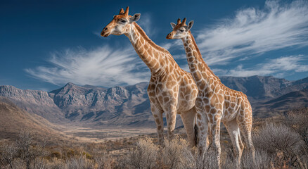 Obraz premium Two Giraffes Standing Tall in African Savanna, Illustrating Wildlife Conservation and Ecotourism