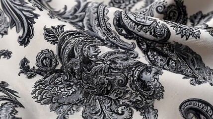Intricate black and white paisley textile pattern on beige fabric, showcasing a classic design that captures the elegance and sophistication of paisley prints.