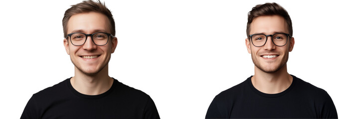 Set of a, A handsome man with short hair, wearing a black t-shirt, isolated on a transparent background.