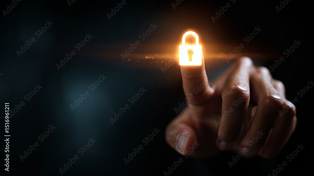 Poster digital security lock icon glowing fingertip touchscreen technology innovation secure online privacy