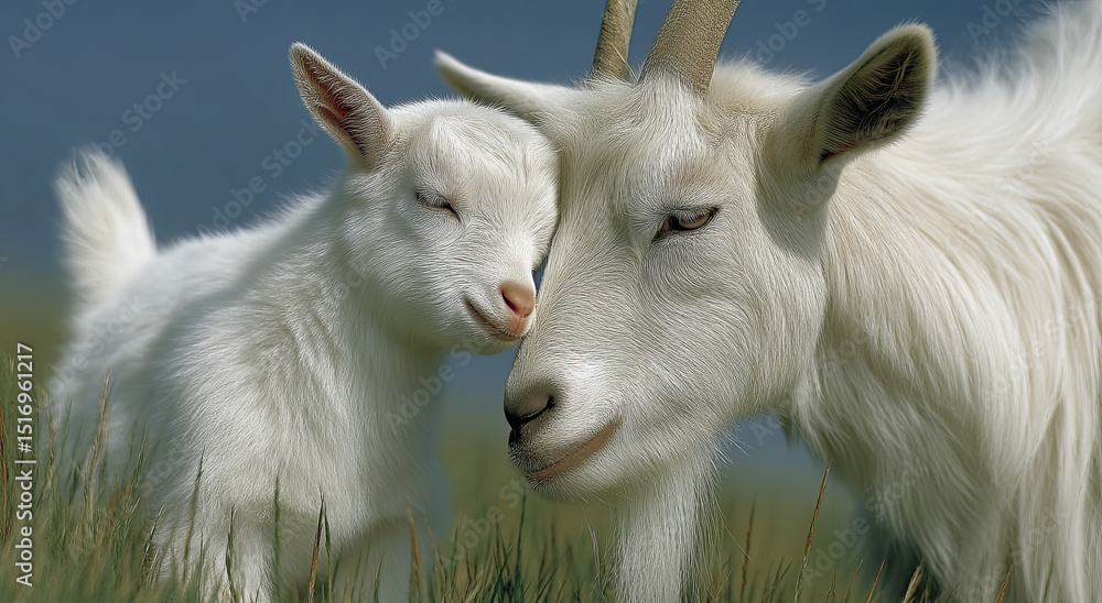 Poster close-up of a mother goat and kid nuzzling in a field, symbolizing family bonding and generational l