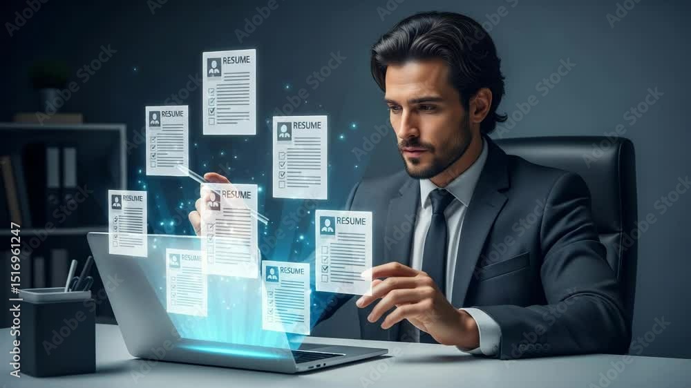 Poster man in suit reviewing floating resumes on laptop screen in a modern office setting carefully