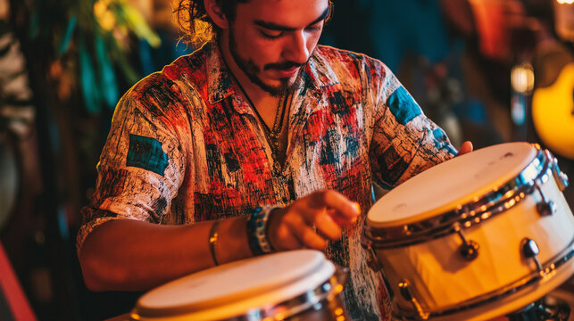 A man playing drums energetically under the night sky.
