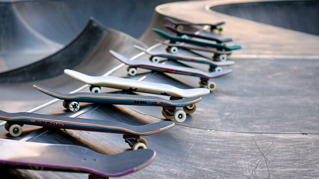Line of skateboards on ramp, concept of extreme sports