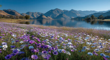 Obraz premium Field of Purple and White Flowers by a Lake With Mountains, Representing Natural Beauty and Environmental Conservation for Destination Marketing
