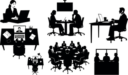 Business people working remotely and in office meetings silhouettes