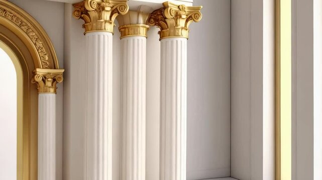 Arched doorway with golden trim alongside three ornate, white columns in a minimalist architectural setting.