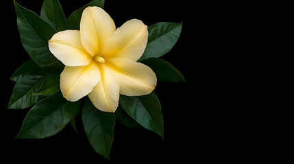 Light Yellow Flower With Dark Green Leaves On Black Background