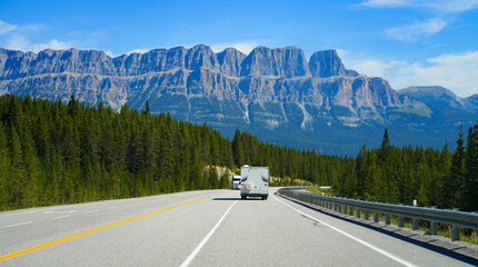 Banff-Windermere Highway (Hwy 93) overlooked by Castle Mountain in the Kootenay National Park, British Columbia, Canada