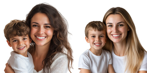 Set of a, Portrait of a happy, beautiful woman with her son, isolated on a transparent background.