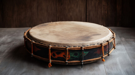 
A frame drum isolated on a wooden background, featuring a circular wooden frame, taut drumhead, and traditional percussion design.