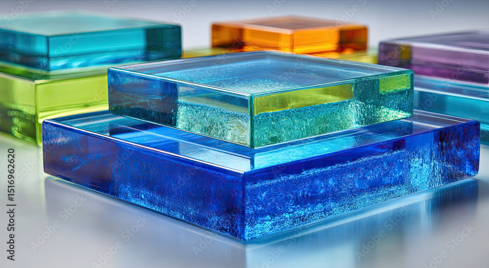 Poster Colorful Glass Blocks Stacked on Surface, Symbolizing Transparency and Building Blocks for Innovation, Progress and Creative Solutions
