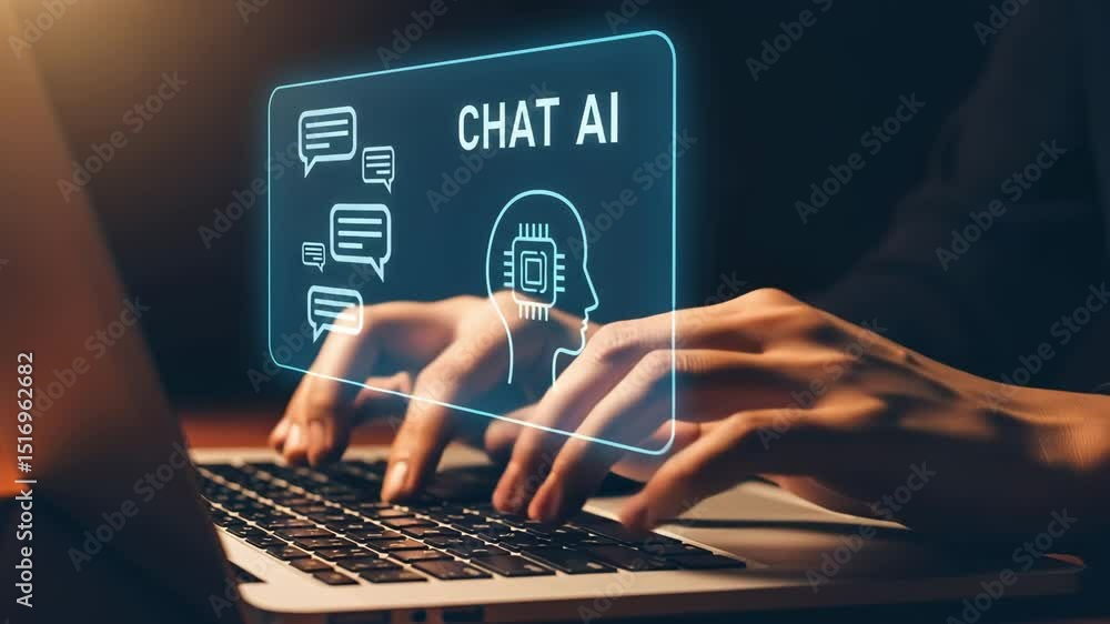 Poster person typing on laptop with chat ai interface overlay and human head outline with chip inside