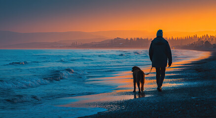 Man Walking Dog on Beach at Sunset, Showcasing Healthy Lifestyle and Peaceful Retirement Planning, With Ocean Waves and Warm Colors