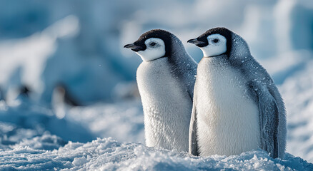 Obraz premium Two Emperor Penguin Chicks Standing on Ice, Representing Wildlife Conservation and Environmental Awareness in Antarctica