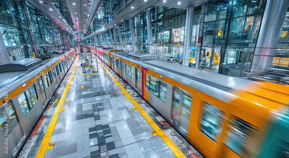 Poster blurred train speeding through modern station, illustrating urban commute and transportation efficie
