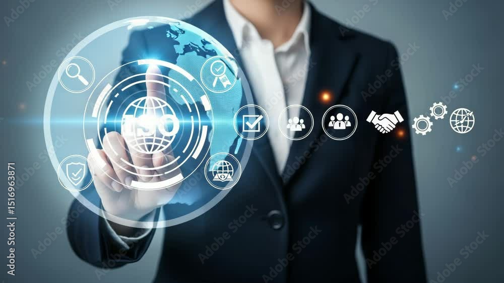 Poster person in suit pointing at iso graphic with icons representing business and quality standards