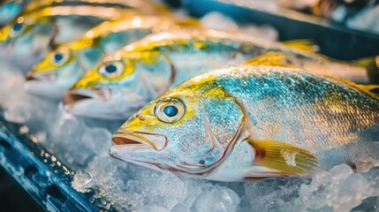 Freshly caught dorado fish displayed on ice in refrigerator