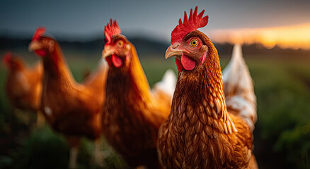 Brown Chickens Standing in a Row at Sunset, Representing Agriculture and Sustainable Farming Practices for Food Production and Consumption