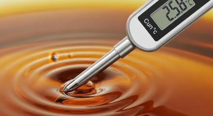 Digital thermometer measuring liquid honey temperature with ripples in amber surface