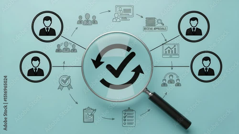 Poster Magnifying glass over check mark with process flow diagram on light blue background centered view