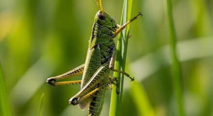 Fototapeta premium Close-up of a vibrant green grasshopper on a leafy plant