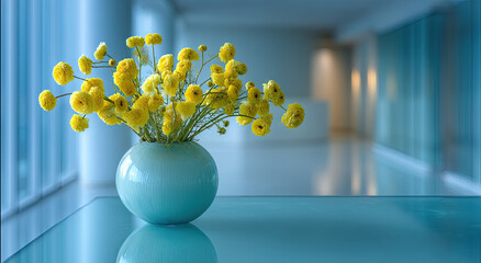 Yellow Ranunculus Flowers in a Blue Vase on a Glass Table, Symbolizing Freshness and Interior Decoration, Ideal for Home Improvement or Event Planning