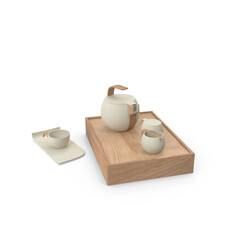 Modern Tea Set with Wooden Tray Isolated on Transparent Background