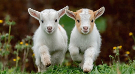 Fototapeta premium Two Baby Goats Running Through Green Grass, Symbolizing Youthful Energy and Farm Animal Care