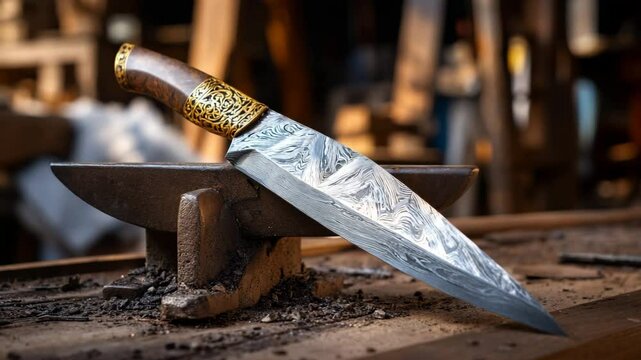Knife with a decorative handle rests on an anvil, a sharpened blade made of hand forged steel cools down after quenching, and an atmospheric workshop is illuminated by warm light