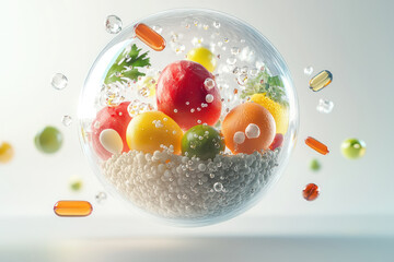 A transparent 3D model of food with floating nutrient molecules and vitamins, illuminated in soft colors.
