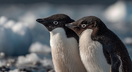 Naklejka premium Pair of Adelie Penguins Standing Together in Antarctica, Showcasing Wildlife Conservation and Environmental Awareness in the Frozen Landscape