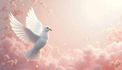 White Dove Flying in Pink Sky