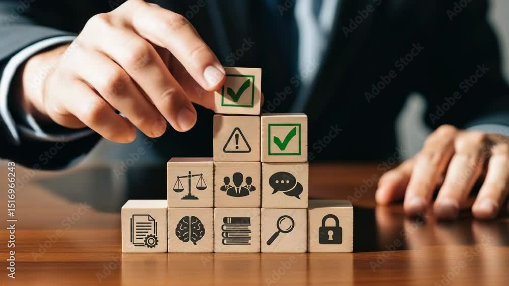 Aufkleber Man stacking wooden blocks with business icons on a table showing strategy and risk management