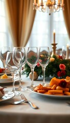 table with a plate of food and wine glasses