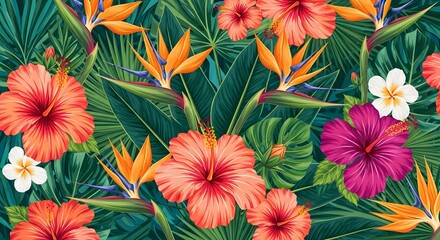 Bold tropical floral illustration with vibrant hibiscus and bird of paradise flowers ideal for exotic backgrounds