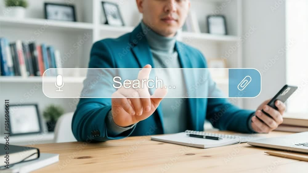 Poster man in blue blazer using search bar with finger while holding a phone on a wooden desk surface