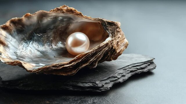 A lustrous pearl rests inside an open oyster shell on a dark textured surface.