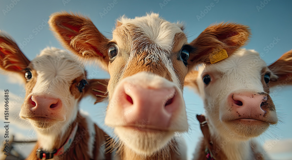 Poster three curious calves looking at the camera with a low angle, representing animal welfare and sustain