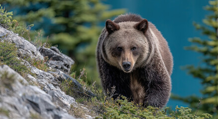 Obraz premium Grizzly Bear Walking Down Rocky Slope in Wilderness, Symbolizing Wildlife Conservation and Environmental Awareness